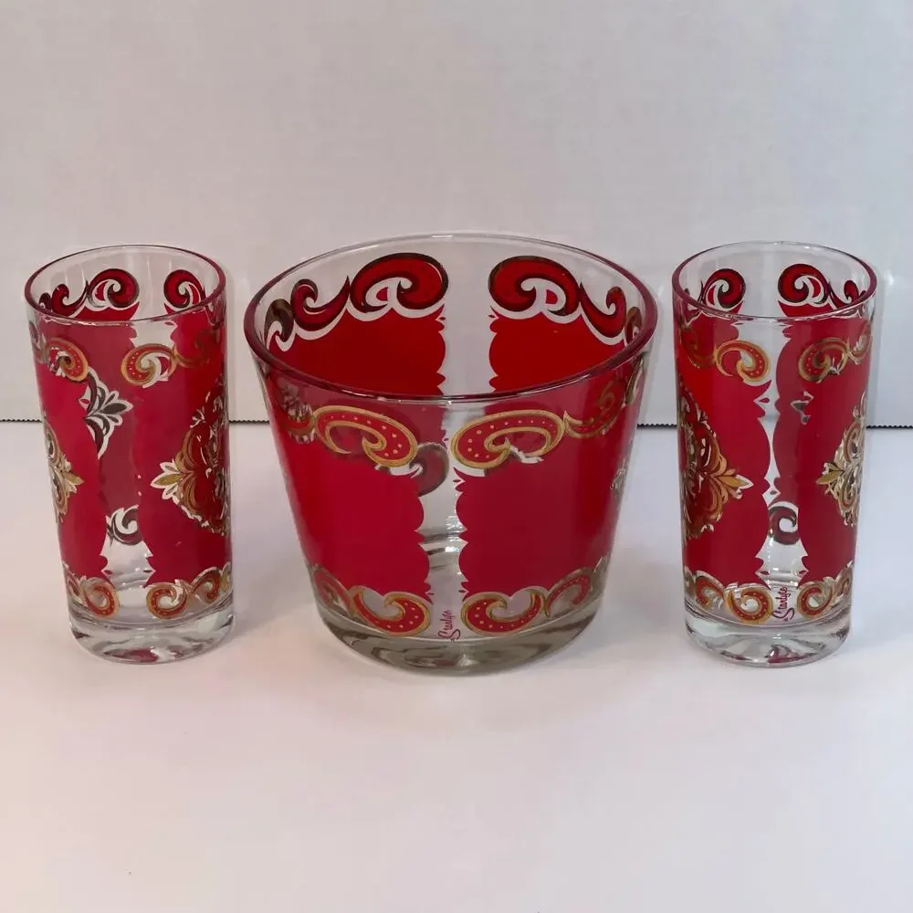 Starlyte Culver Red & 24K Gold Baroque Medallion Cocktail Ice Bucket & 2 Gasses